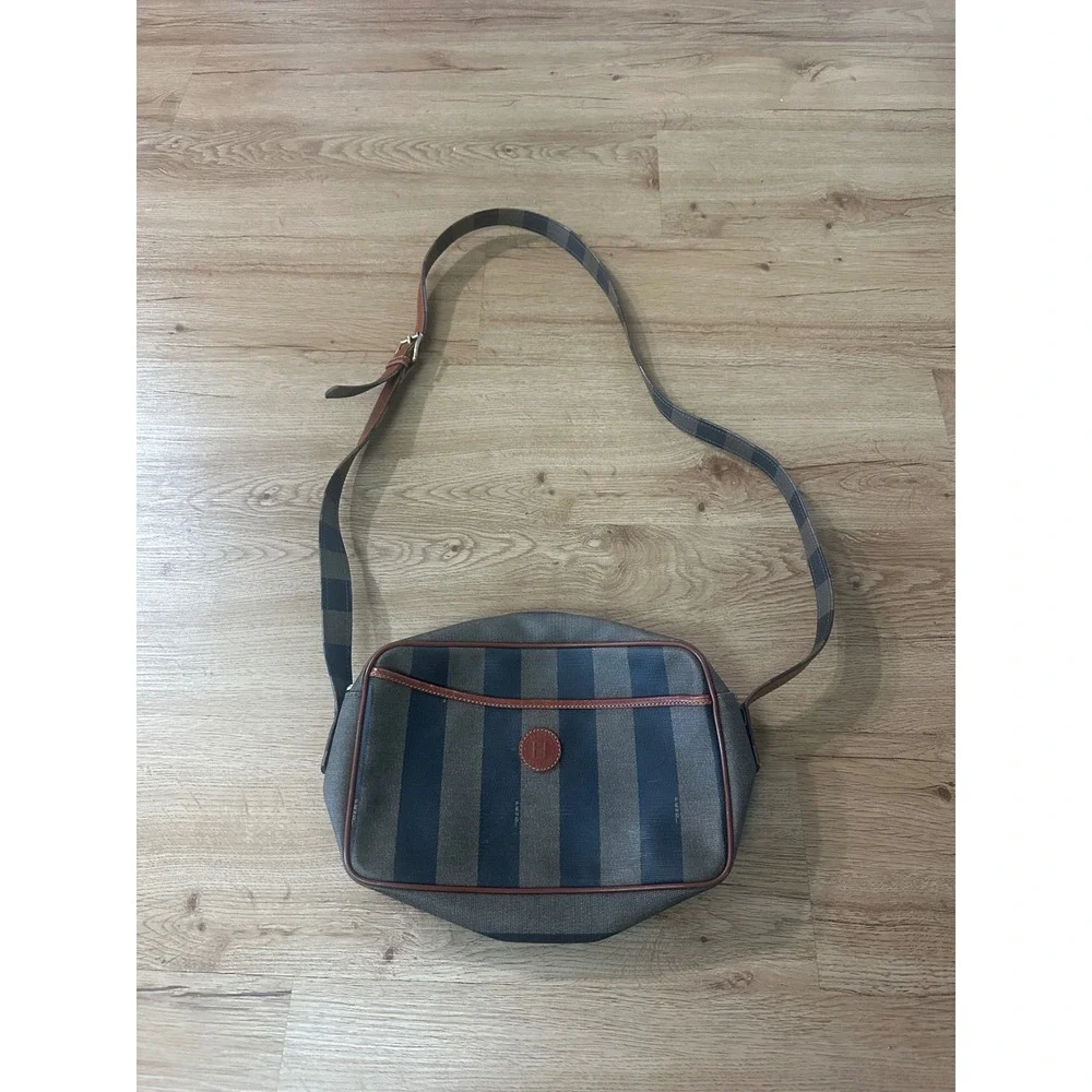 Fendi Roma Vintage Pequin Striped Crossbody Bag Brown Leather 172-251200-018